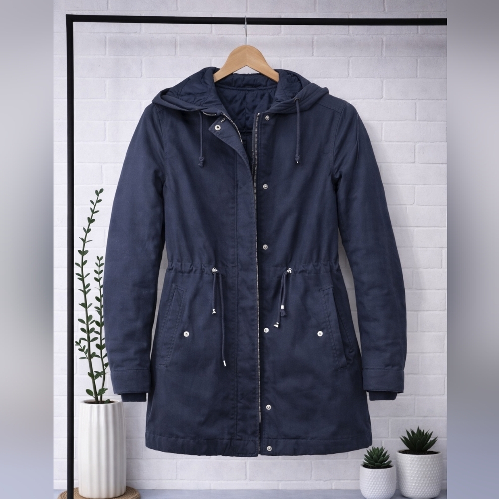 Divided HM Vintage Y2k Navy Blue Women's Hooded Jacket 2 XS Trench Long Line